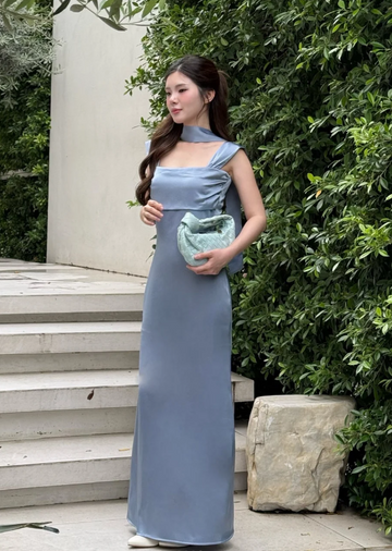 Niulatu Square Neck Sheath Grey Blue Long Bridesmaid Dresses Satin Grey Blue Wedding Guest Dresses HZ1026